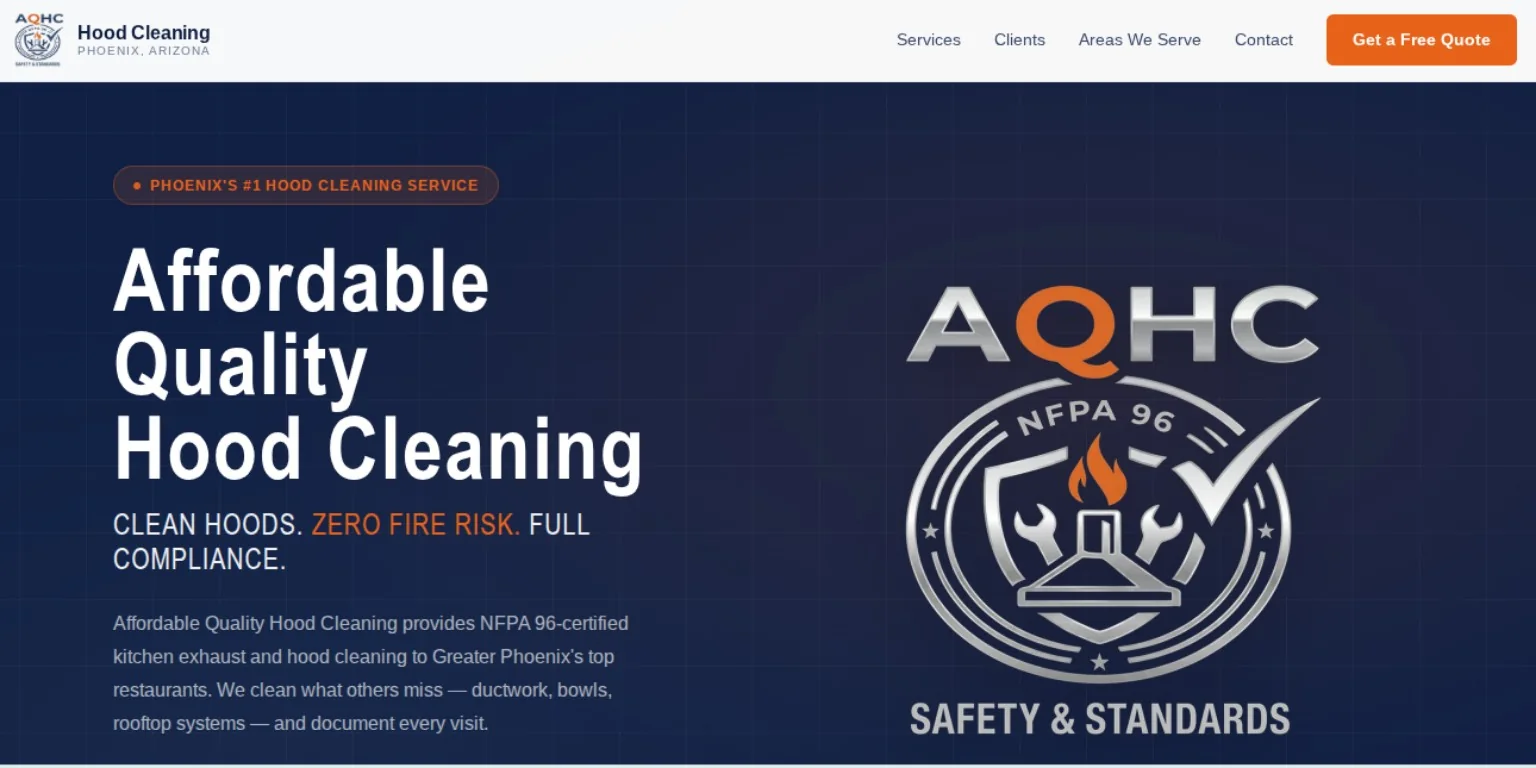 Affordable Quality Hood Cleaning homepage serving Phoenix restaurants