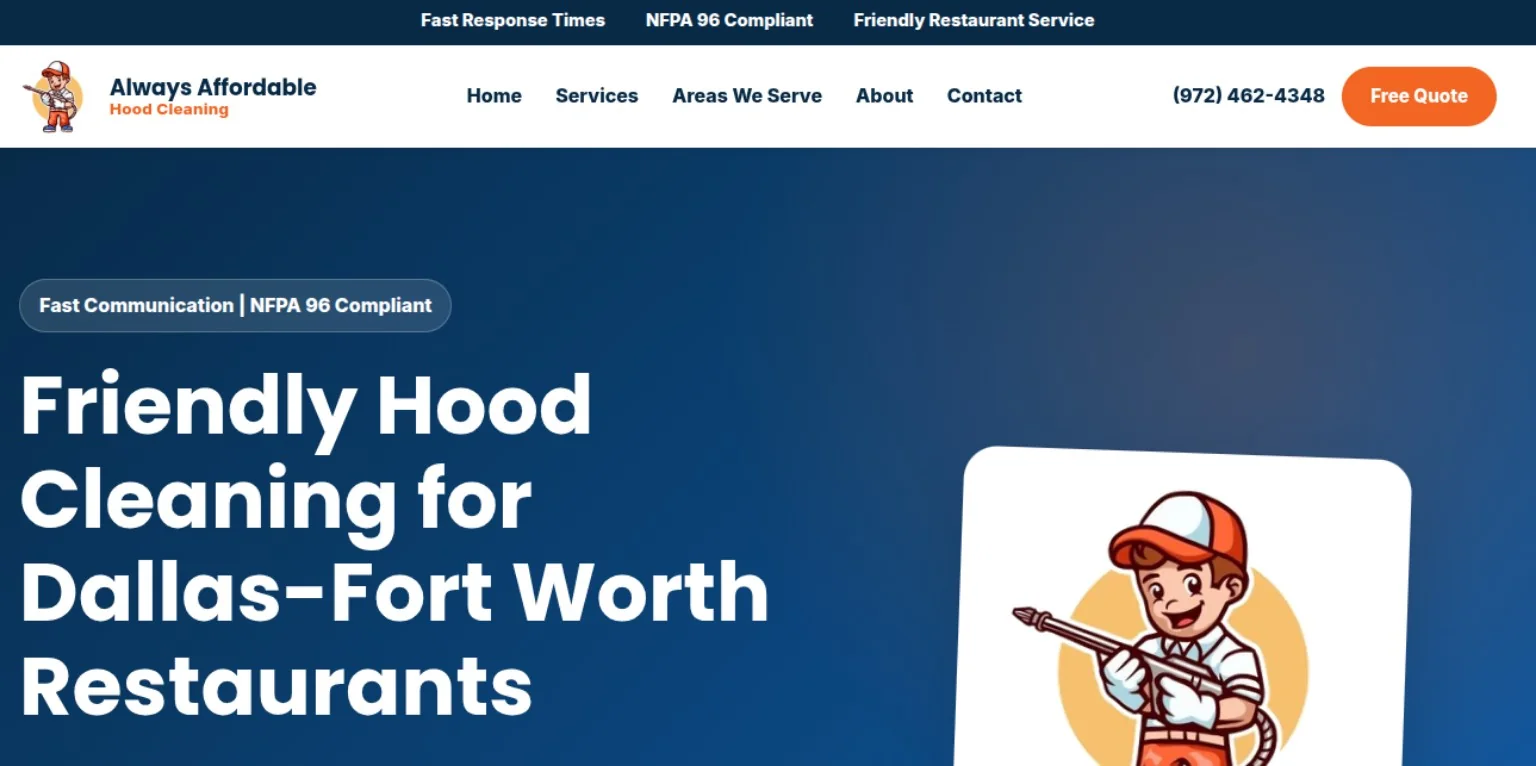 Always Affordable Hood Cleaning homepage serving Dallas–Fort Worth restaurants