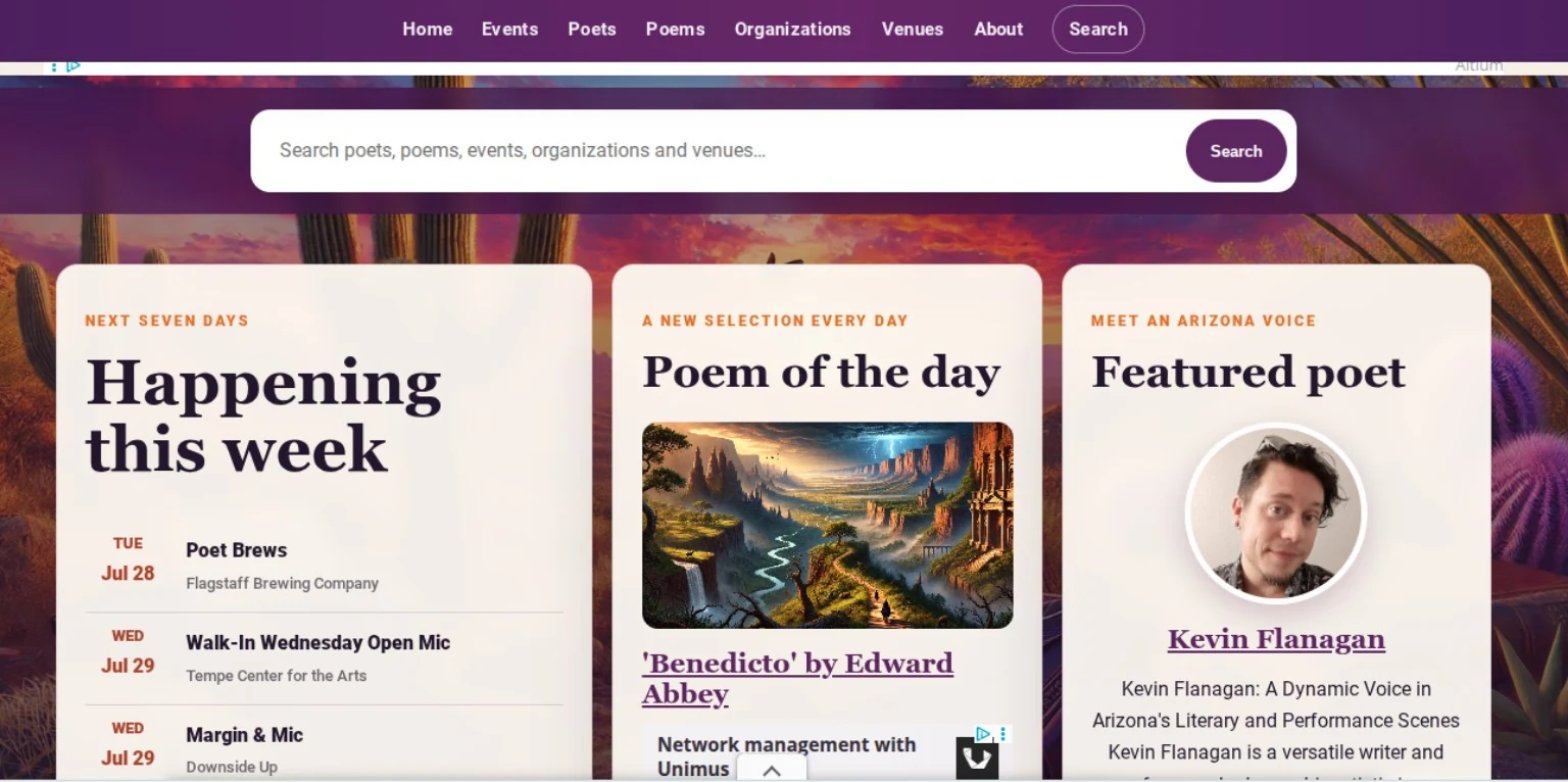 AZPoetry.com homepage showing event listings, Poem of the Day and a featured poet