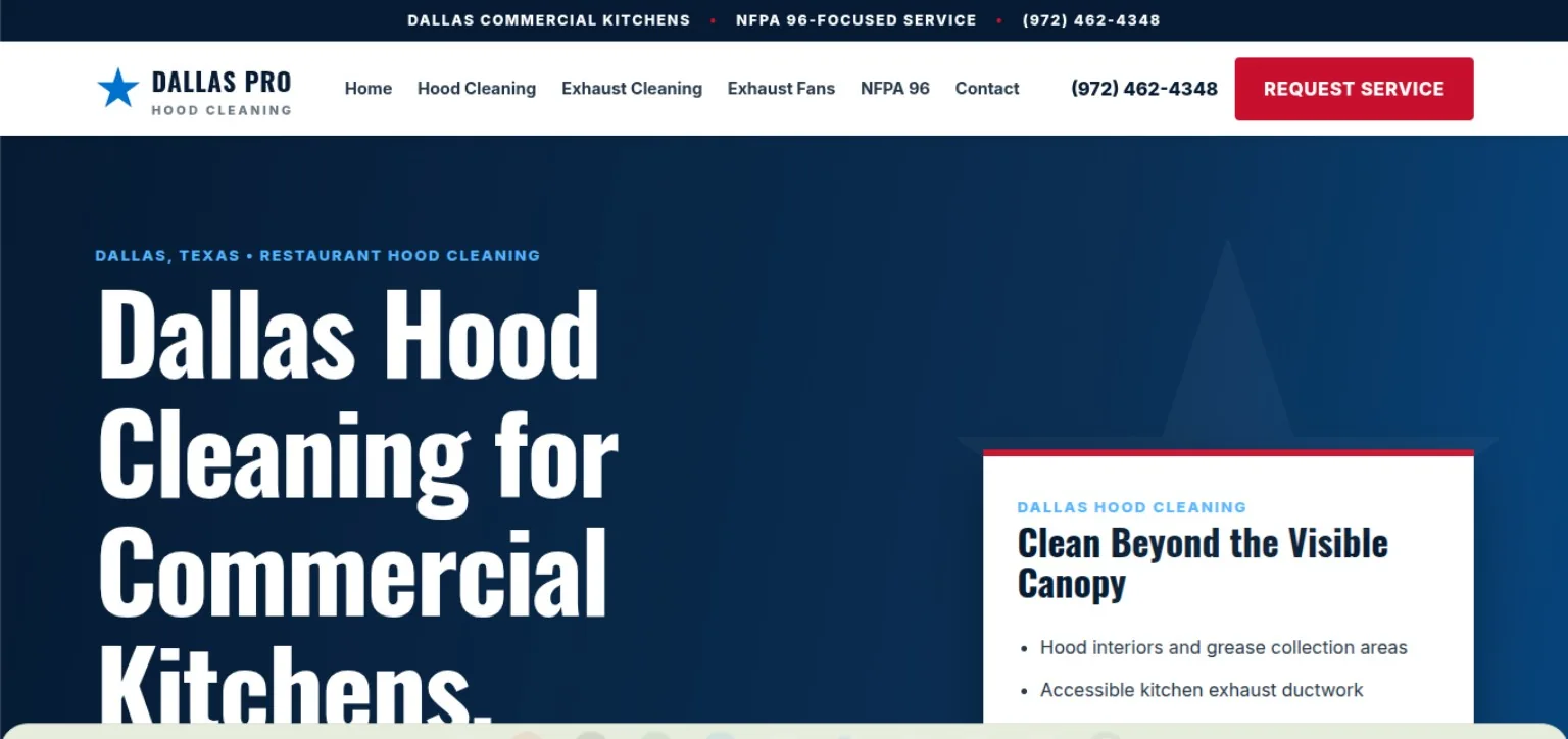 Dallas Pro Hood Cleaning website homepage