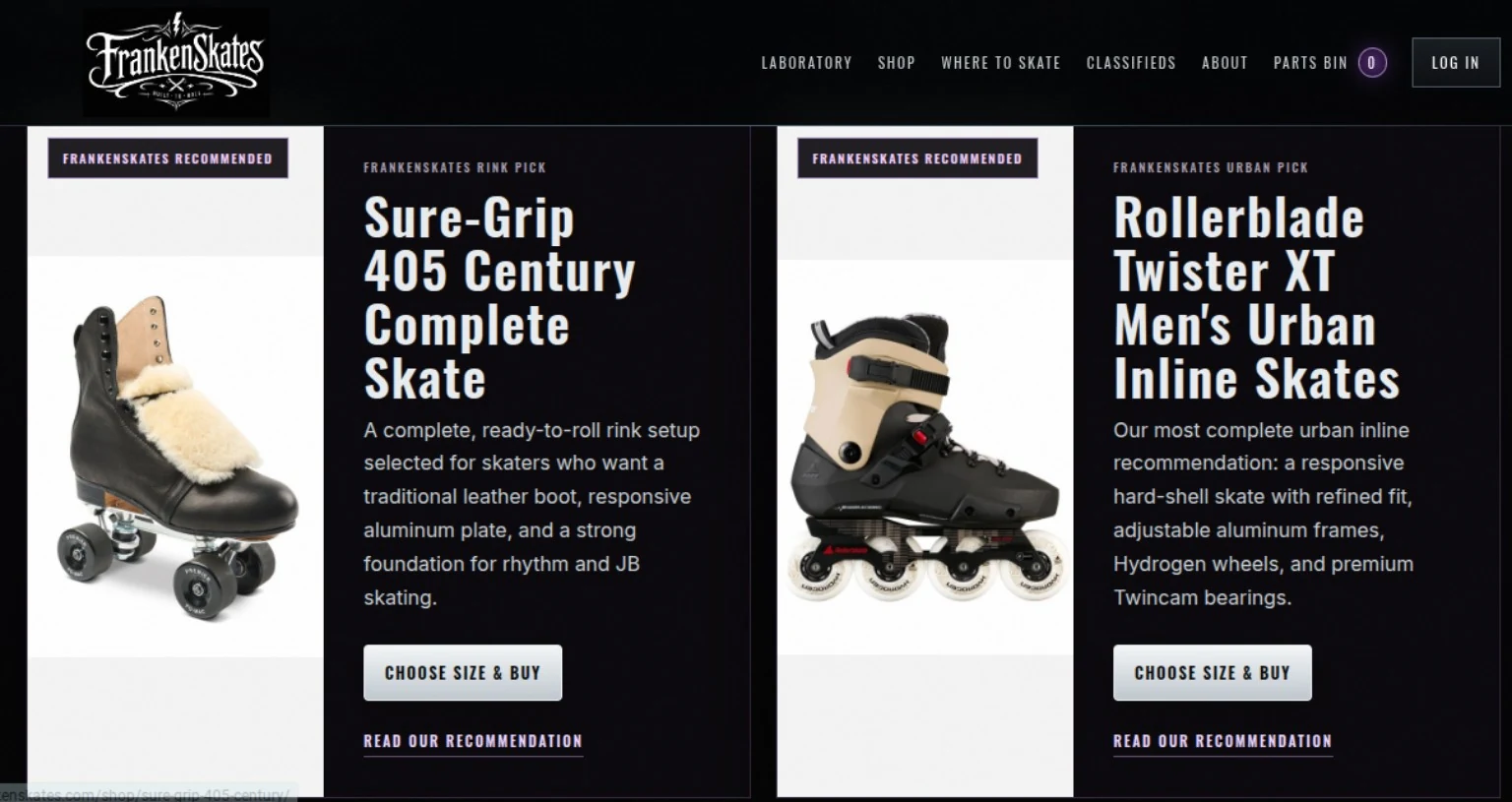 Frankenskates ecommerce homepage featuring recommended quad and inline skates