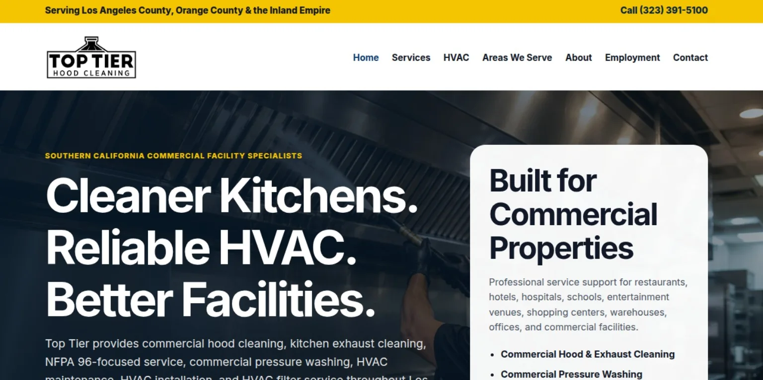 Top Tier Hood Cleaning Services homepage for commercial hood cleaning and HVAC services